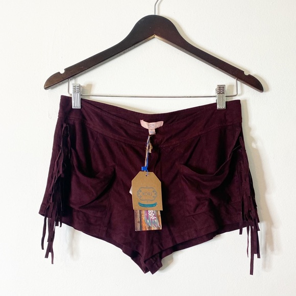 Kori Pants - Boutique Kori America Faux Suede Burgundy Fringe Shorts Festival Size Small